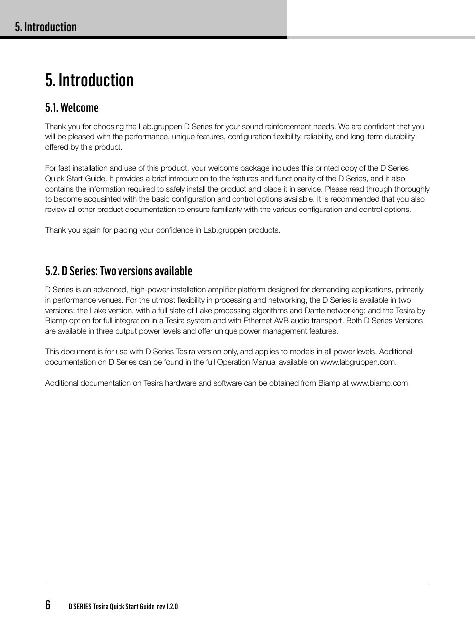 Introduction, Introduction 6, Welcome | D series: two versions available | Lab.gruppen D Series 80:4T/Ta User Manual | Page 6 / 28