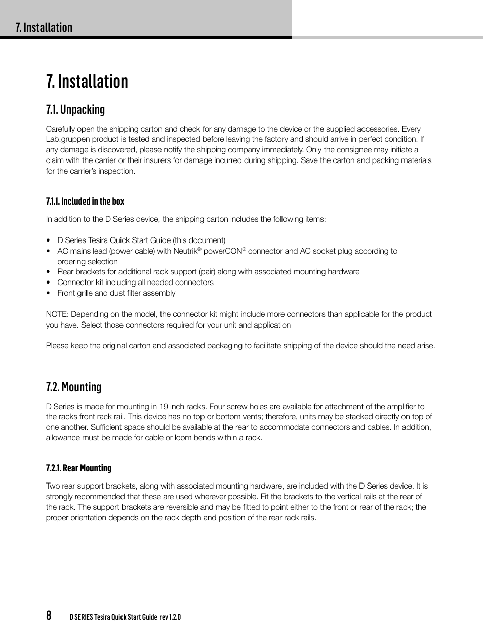 Installation, Installation 8, Unpacking | Mounting | Lab.gruppen D Series 80:4T/Ta User Manual | Page 8 / 28
