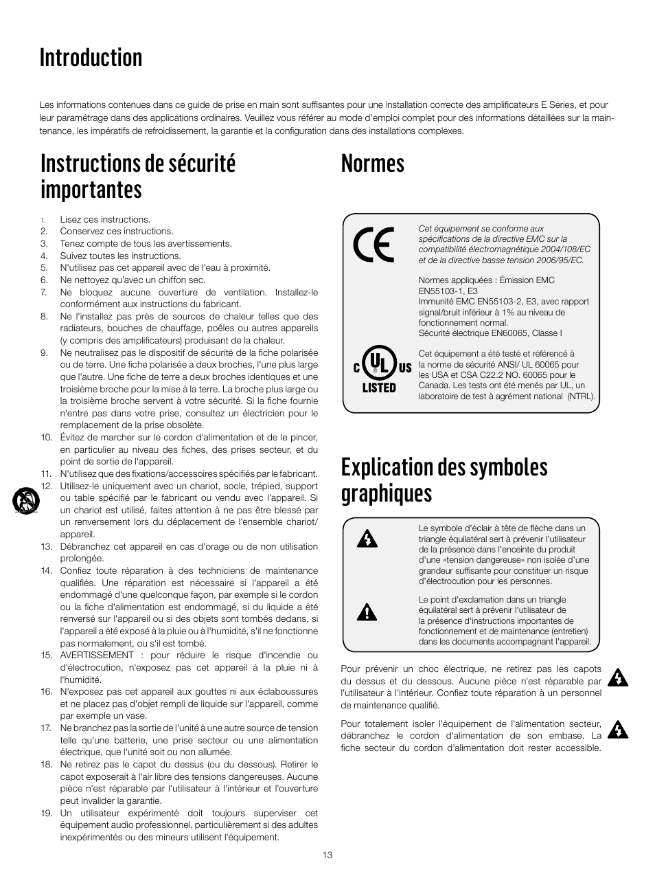 Explication des symboles graphiques, Normes instructions de sécurité importantes, Introduction | Lab.gruppen E 8:2 User Manual | Page 13 / 24