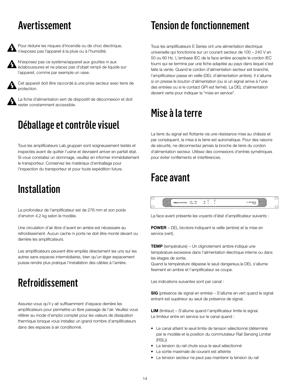 Tension de fonctionnement, Mise à la terre, Face avant | Avertissement, Déballage et contrôle visuel, Installation, Refroidissement | Lab.gruppen E 8:2 User Manual | Page 14 / 24