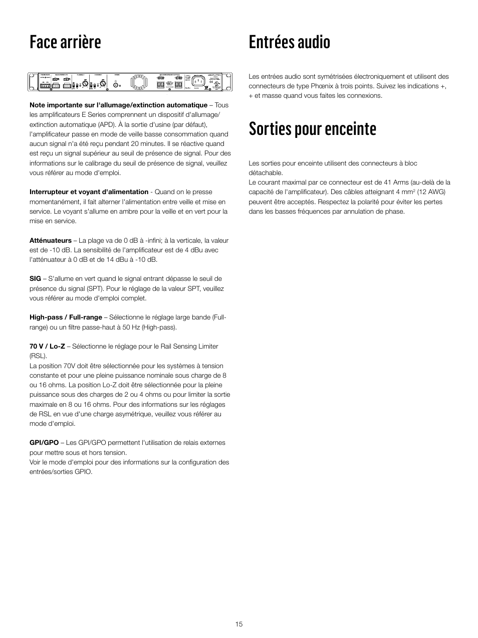 Entrées audio, Sorties pour enceinte, Face arrière | Lab.gruppen E 8:2 User Manual | Page 15 / 24