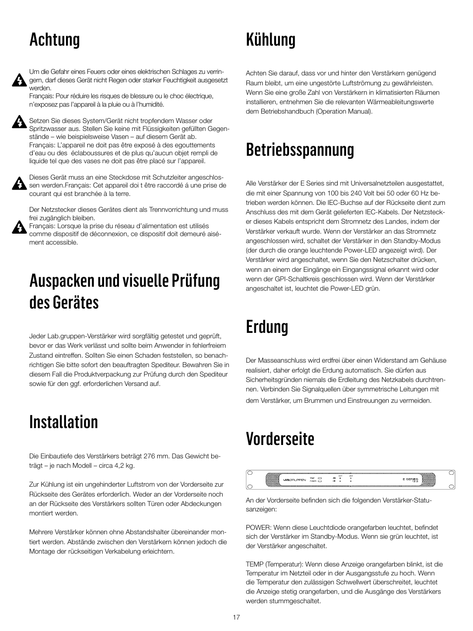 Kühlung, Betriebsspannung, Erdung | Vorderseite, Achtung, Auspacken und visuelle prüfung des gerätes, Installation | Lab.gruppen E 8:2 User Manual | Page 17 / 24