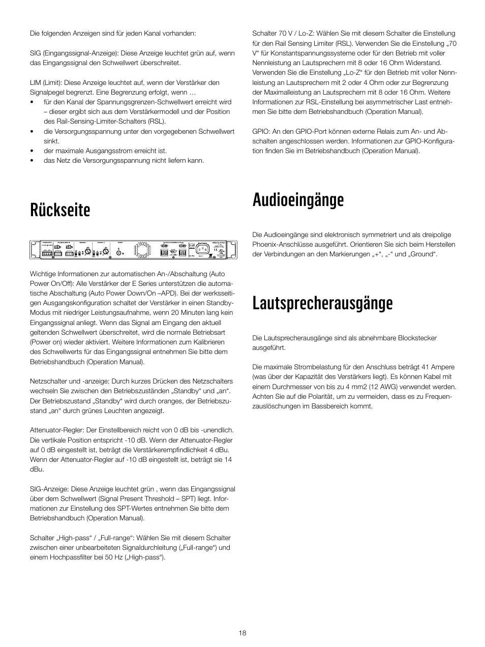 Audioeingänge, Lautsprecherausgänge, Rückseite | Lab.gruppen E 8:2 User Manual | Page 18 / 24