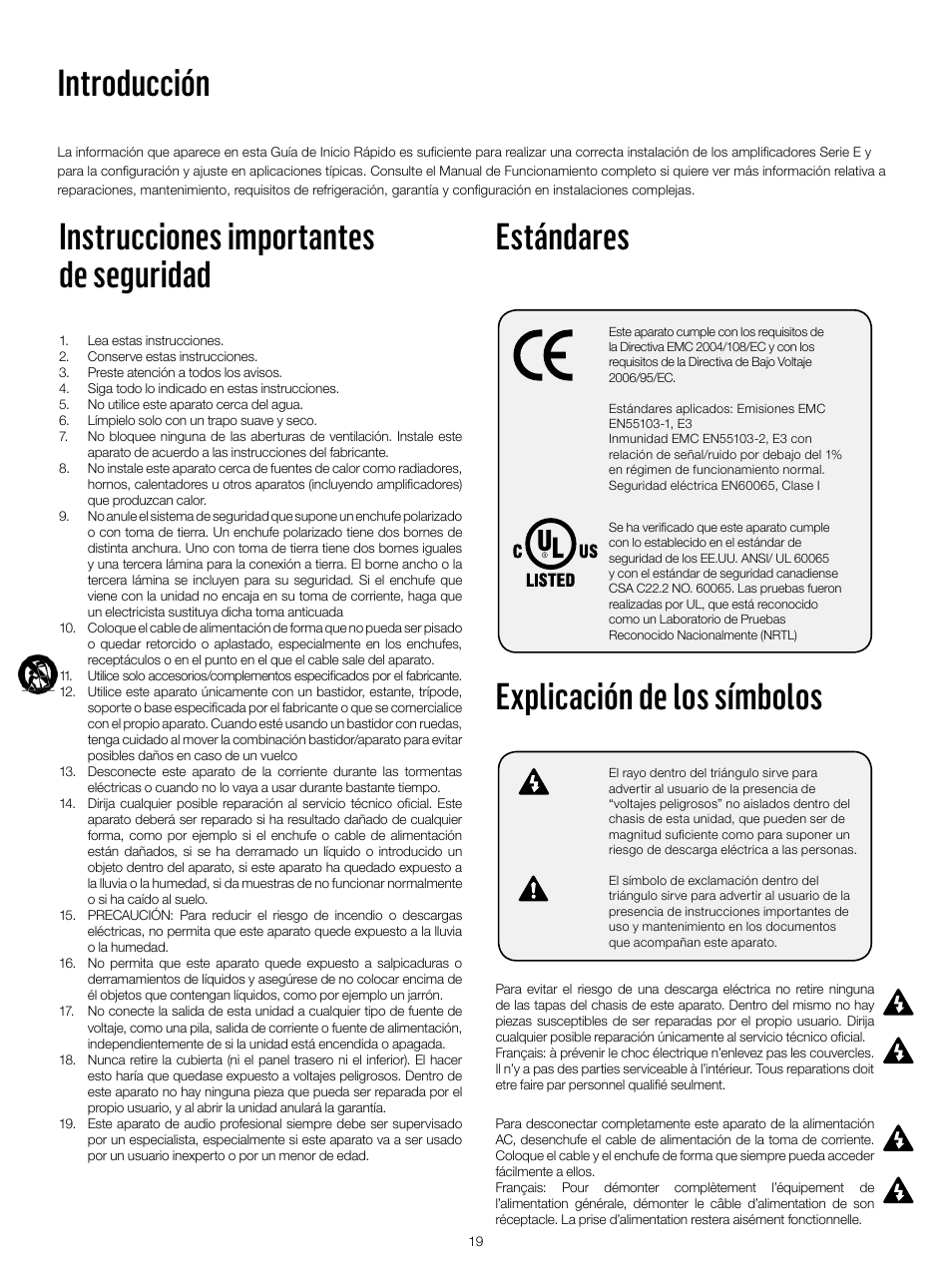 Explicación de los símbolos, Estándares instrucciones importantes de seguridad, Introducción | Lab.gruppen E 8:2 User Manual | Page 19 / 24