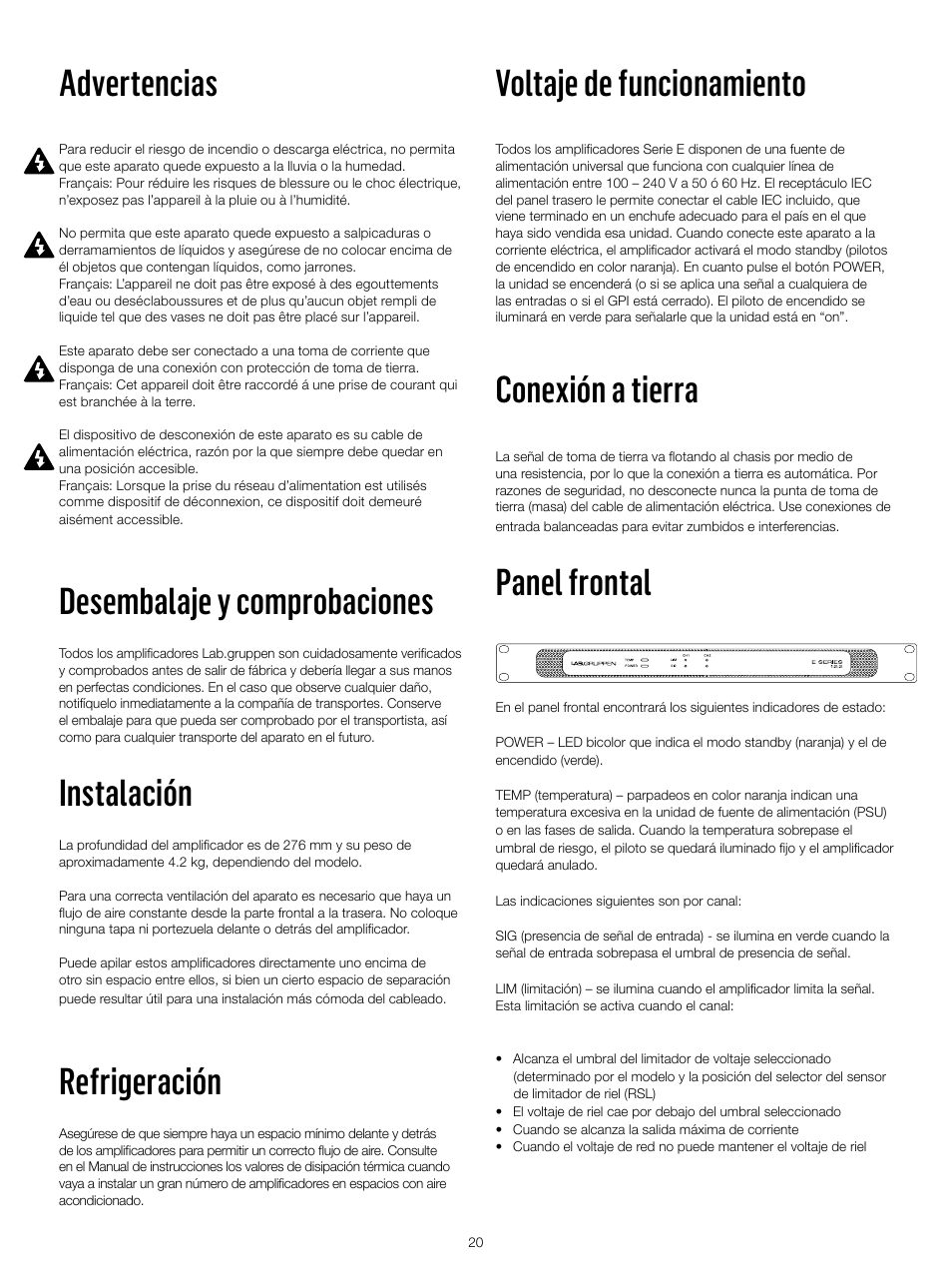 Voltaje de funcionamiento, Conexión a tierra, Panel frontal | Advertencias, Desembalaje y comprobaciones, Instalación, Refrigeración | Lab.gruppen E 8:2 User Manual | Page 20 / 24