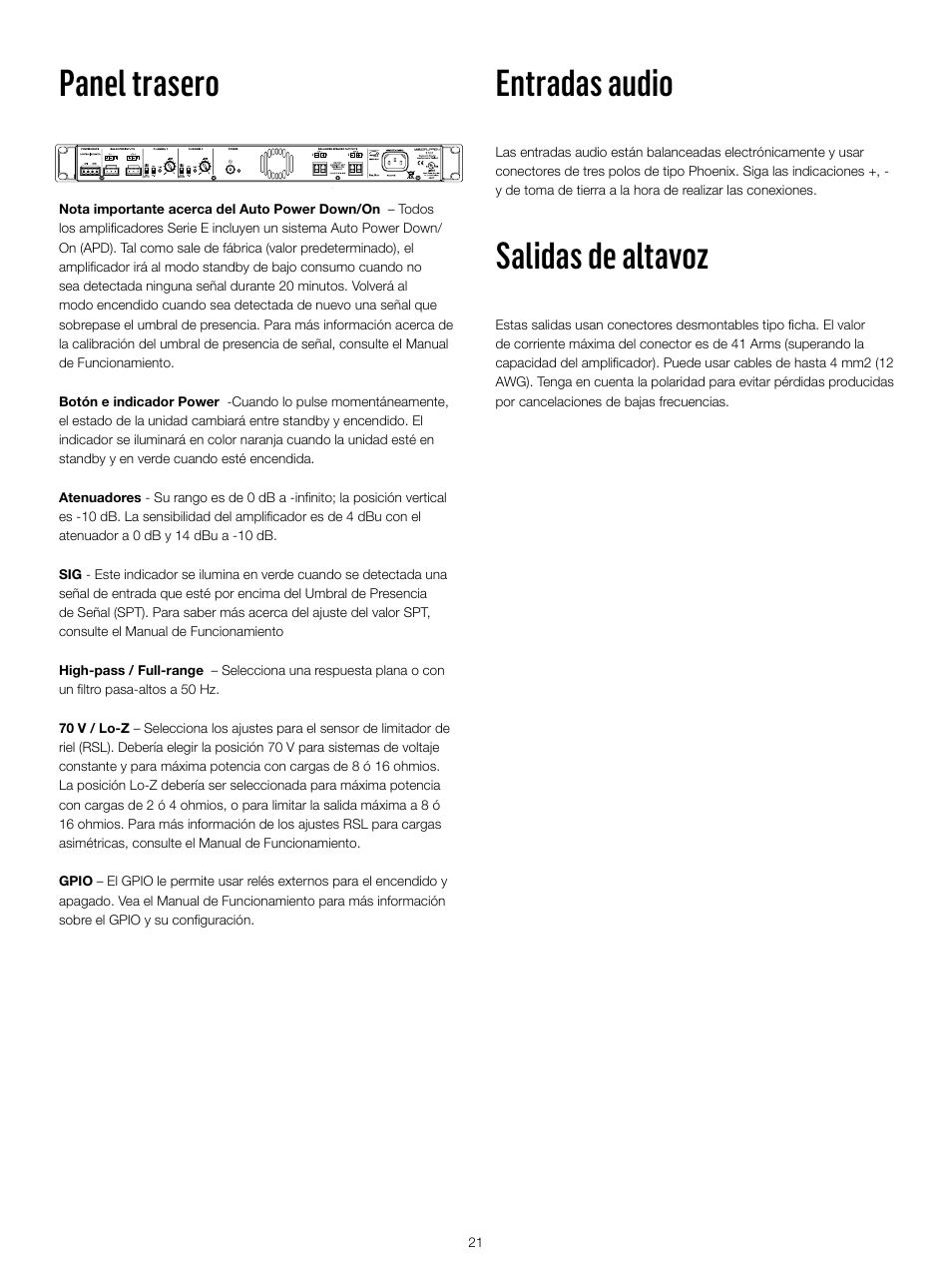 Entradas audio, Salidas de altavoz, Panel trasero | Lab.gruppen E 8:2 User Manual | Page 21 / 24