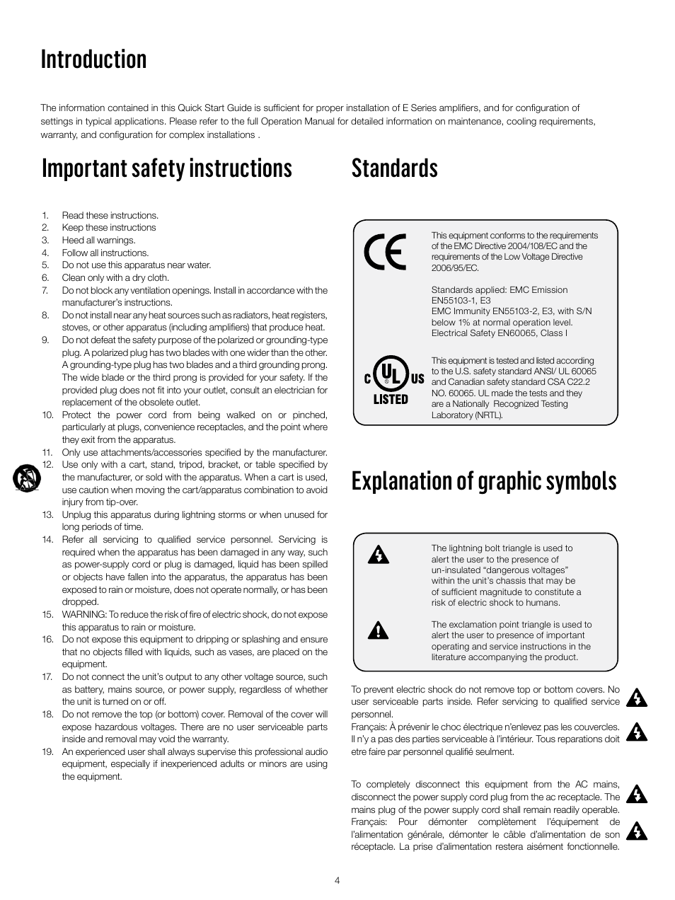 Explanation of graphic symbols, Standards important safety instructions, Introduction | Lab.gruppen E 8:2 User Manual | Page 4 / 24