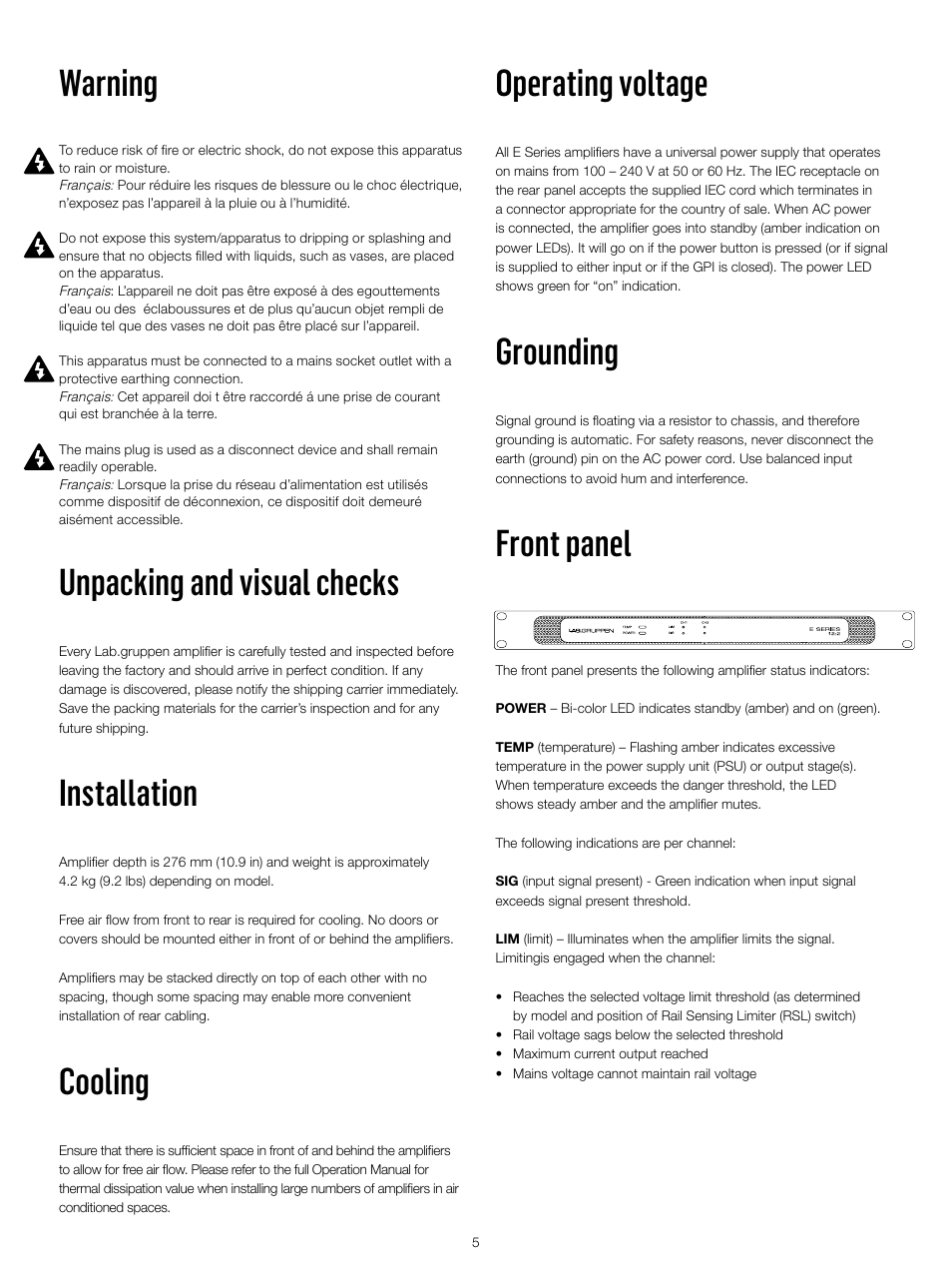 Operating voltage, Grounding, Front panel | Warning, Unpacking and visual checks, Installation, Cooling | Lab.gruppen E 8:2 User Manual | Page 5 / 24