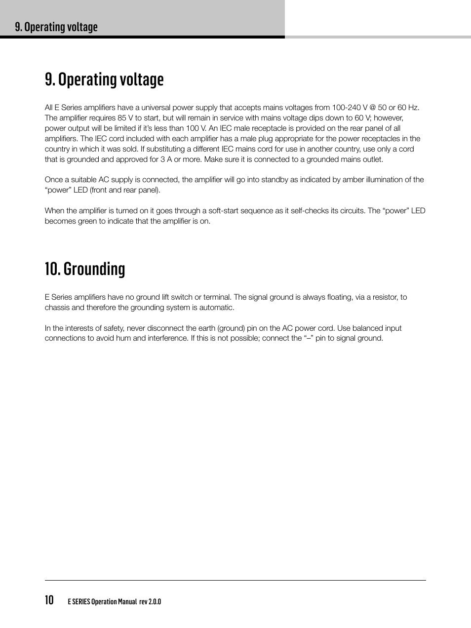 Operating voltage, Grounding | Lab.gruppen E 8:2 User Manual | Page 10 / 28