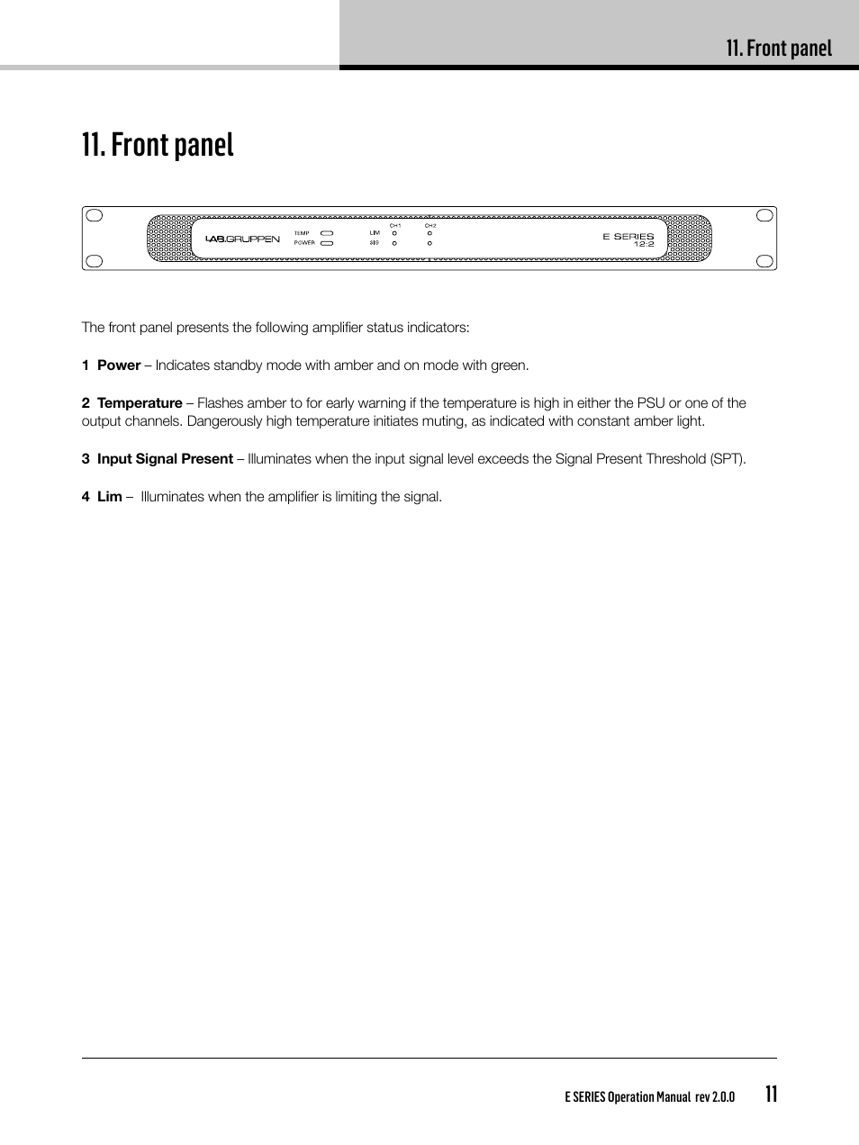 Front panel | Lab.gruppen E 8:2 User Manual | Page 11 / 28