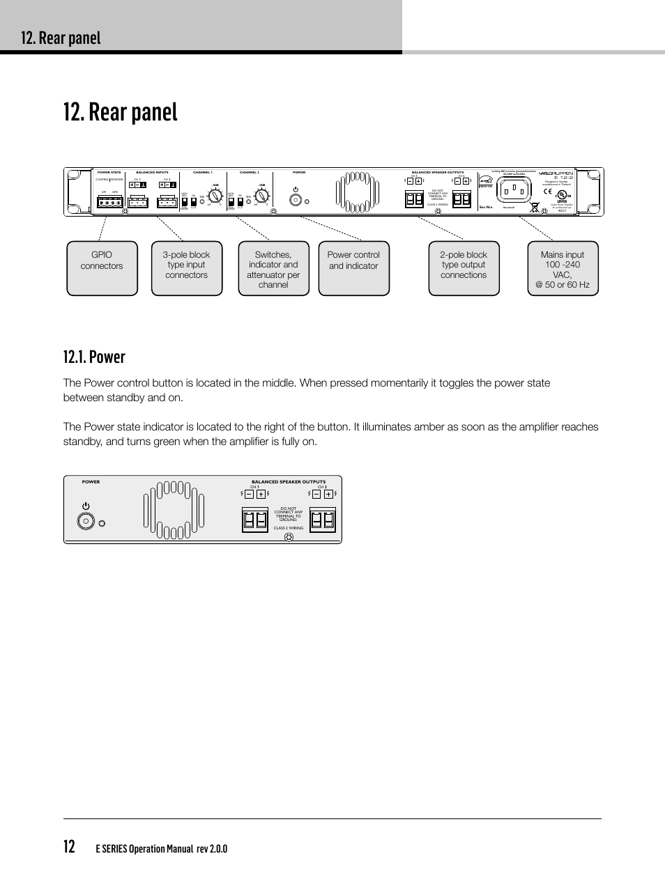 Rear panel, Rear panel 12, Power | E series operation manual rev 2.0.0 | Lab.gruppen E 8:2 User Manual | Page 12 / 28