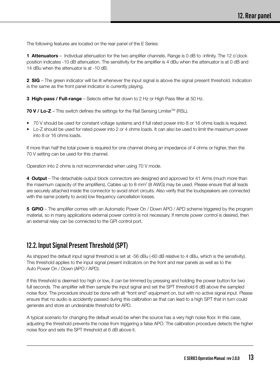 Rear panel, Input signal present threshold (spt) | Lab.gruppen E 8:2 User Manual | Page 13 / 28