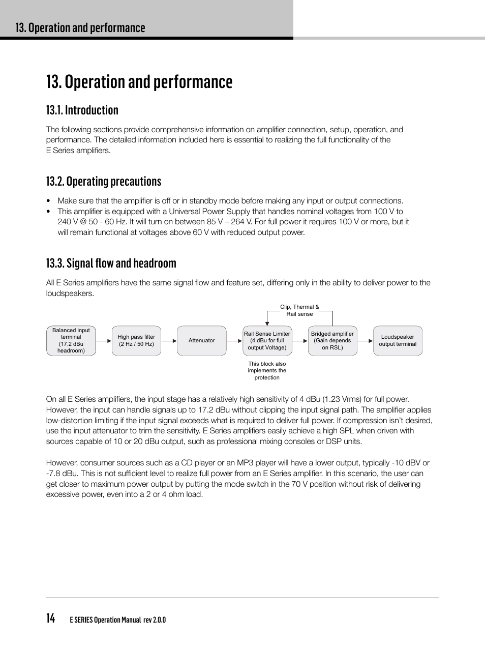 Operation and performance, Operation and performance 14, Introduction | Operating precautions, Signal flow and headroom | Lab.gruppen E 8:2 User Manual | Page 14 / 28