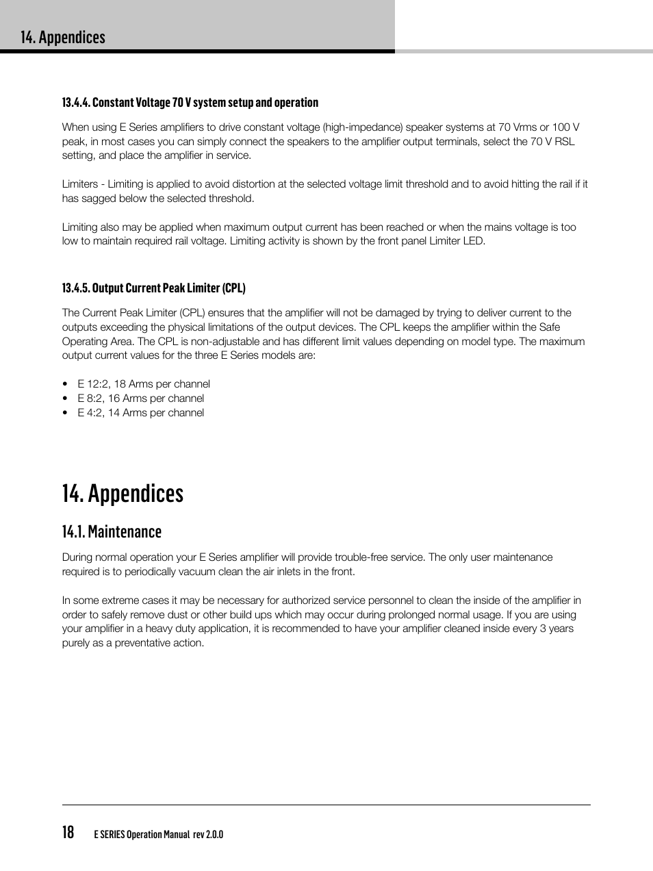 Appendices, Appendices 18, Maintenance | Lab.gruppen E 8:2 User Manual | Page 18 / 28