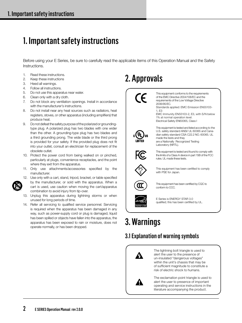 Important safety instructions, Approvals 3. warnings, Important safety instructions 2 | 1 explanation of warning symbols | Lab.gruppen E 8:2 User Manual | Page 2 / 28