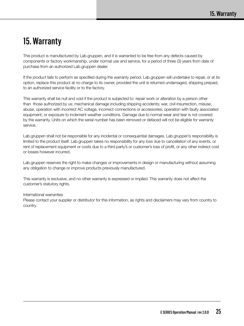 Warranty | Lab.gruppen E 8:2 User Manual | Page 25 / 28