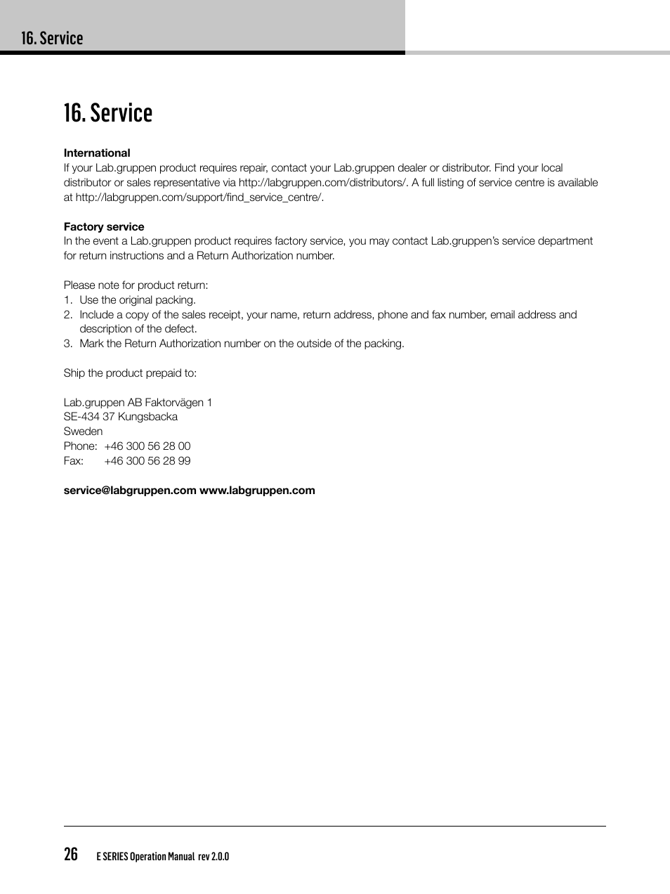 Service, Service 26 | Lab.gruppen E 8:2 User Manual | Page 26 / 28