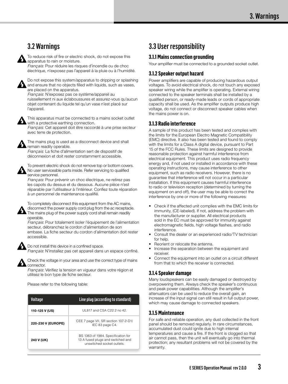 2 warnings, 3 user responsibility, Warnings | 1 mains connection grounding, 2 speaker output hazard, 3 radio interference, 4 speaker damage, 5 maintenance | Lab.gruppen E 8:2 User Manual | Page 3 / 28