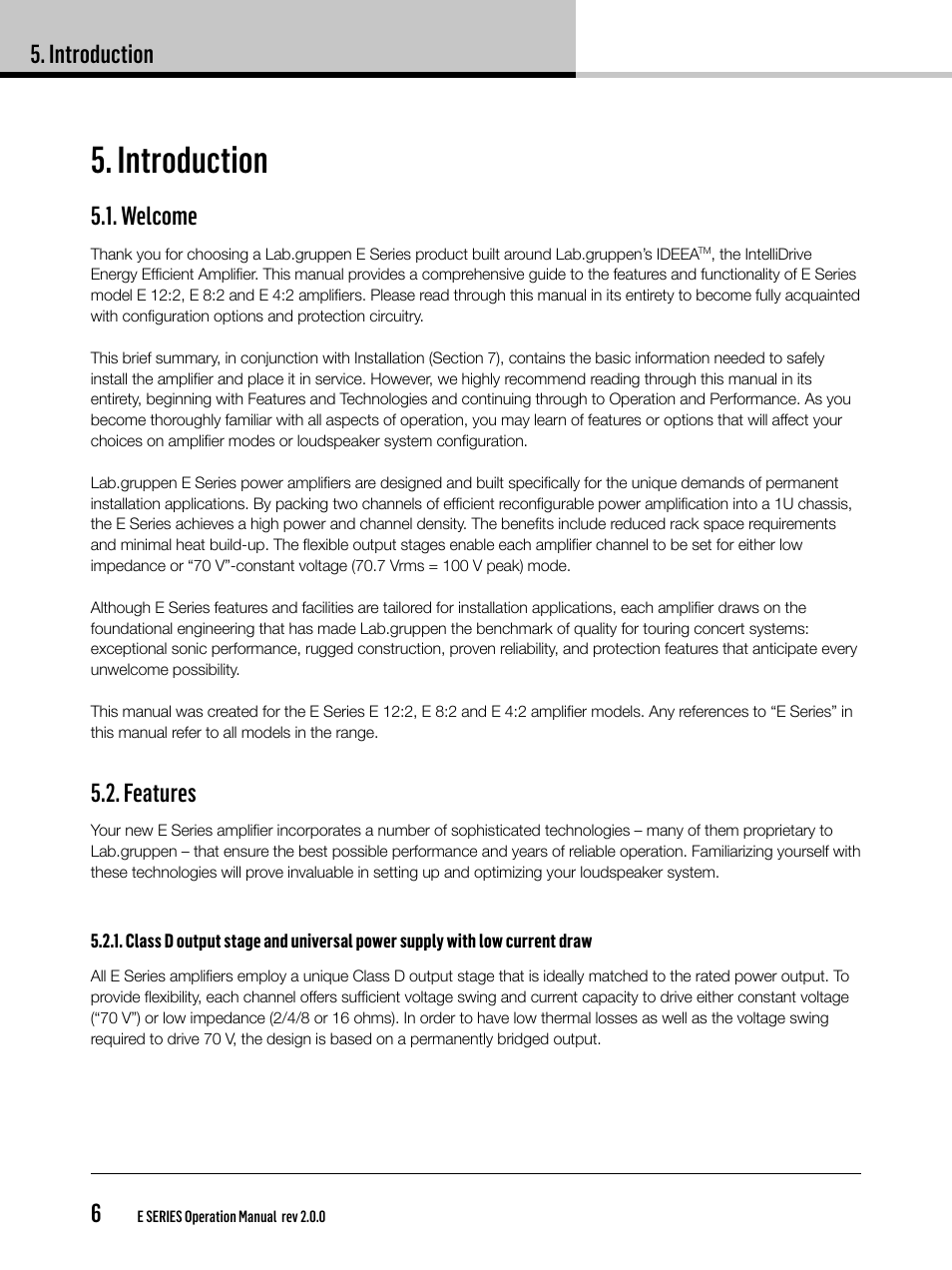 Introduction, Introduction 6, Welcome | Features | Lab.gruppen E 8:2 User Manual | Page 6 / 28