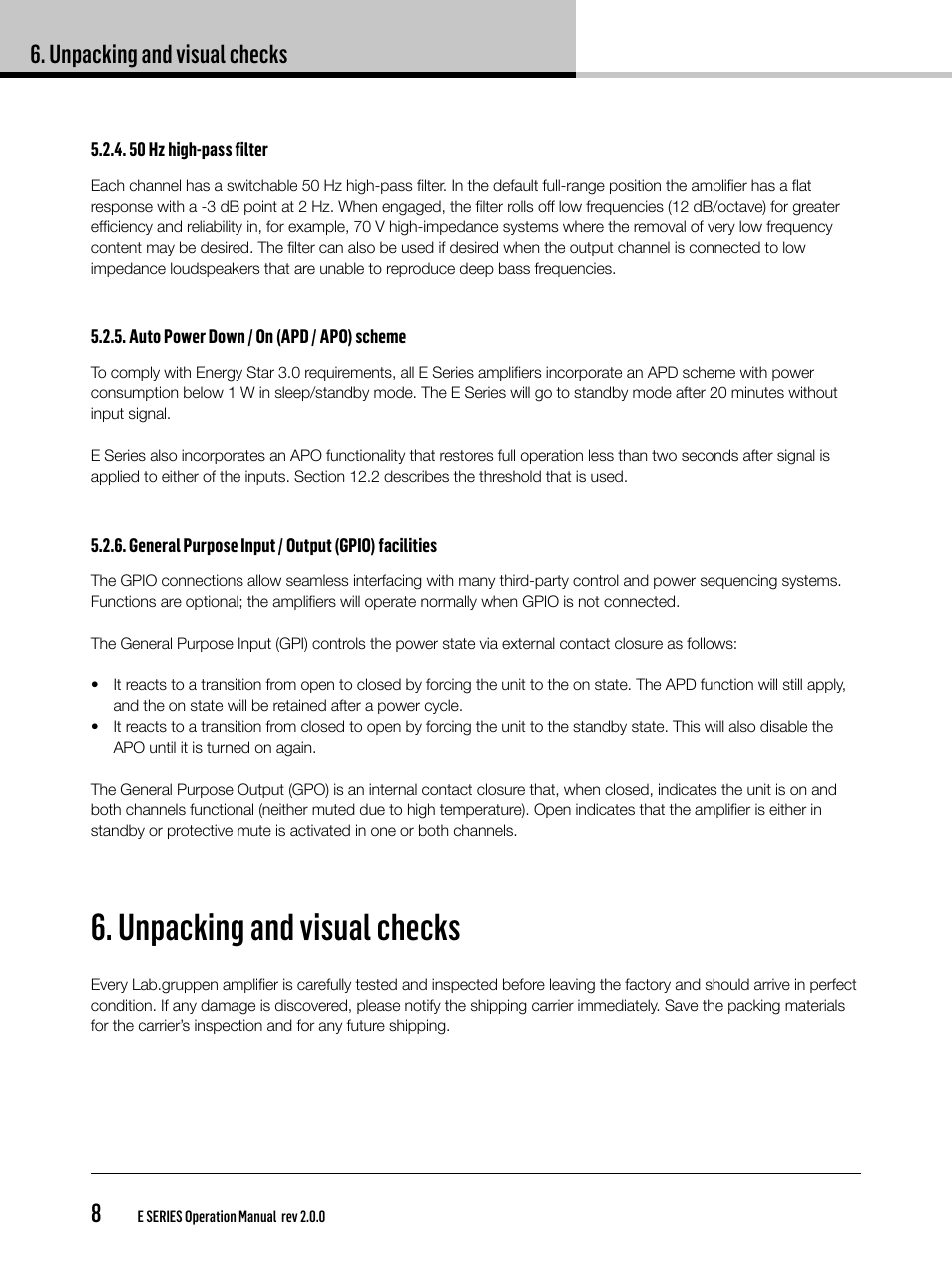 Unpacking and visual checks, Unpacking and visual checks 8 | Lab.gruppen E 8:2 User Manual | Page 8 / 28