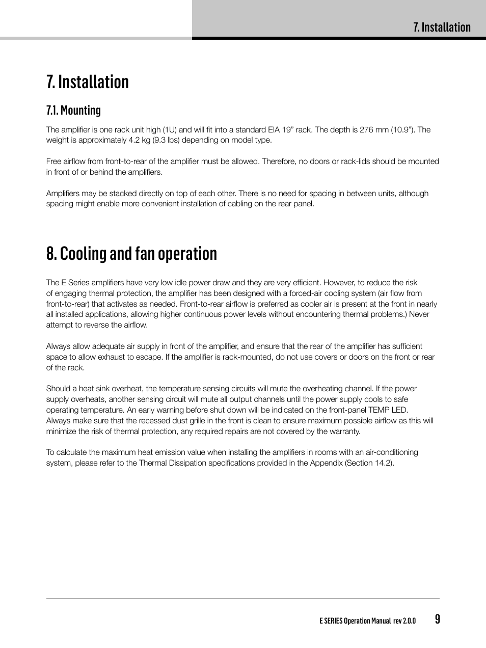 Cooling and fan operation, Installation, Mounting | Lab.gruppen E 8:2 User Manual | Page 9 / 28
