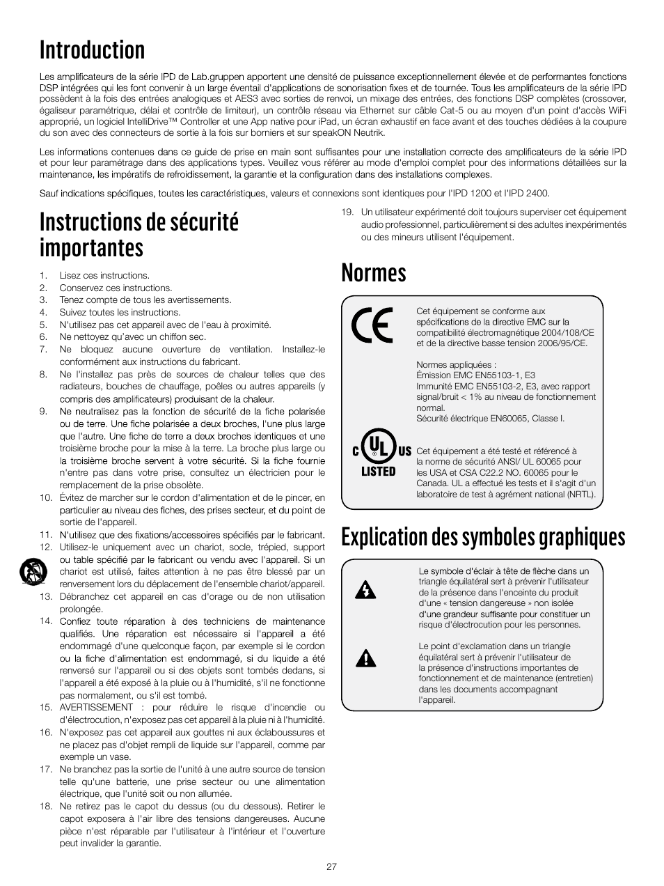 Introduction, Instructions de sécurité importantes, Normes | Explication des symboles graphiques | Lab.gruppen IPD 2400 User Manual | Page 27 / 52