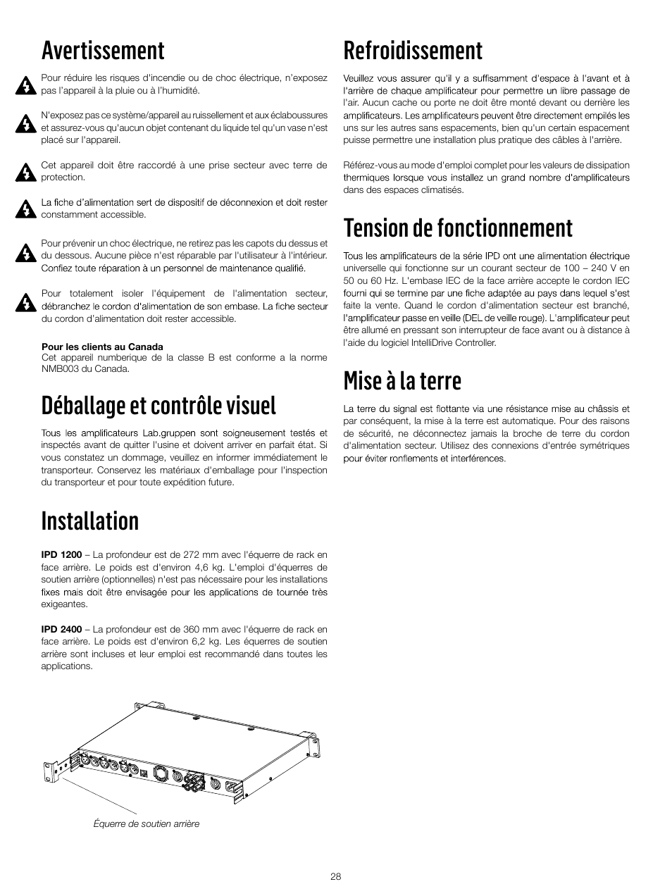 Avertissement, Déballage et contrôle visuel, Installation | Refroidissement, Tension de fonctionnement, Mise à la terre | Lab.gruppen IPD 2400 User Manual | Page 28 / 52