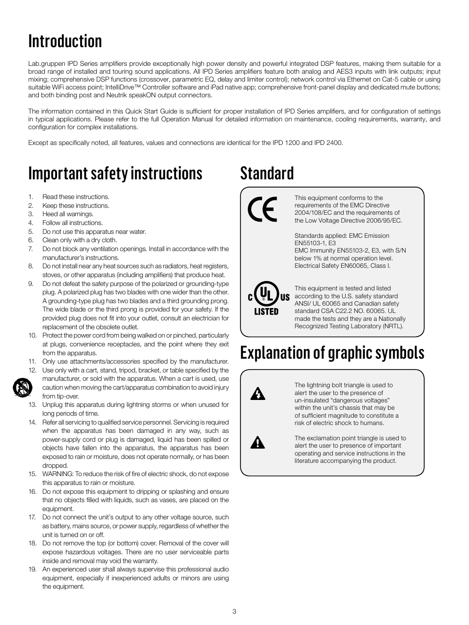 Introduction, Important safety instructions, Standard | Explanation of graphic symbols | Lab.gruppen IPD 2400 User Manual | Page 3 / 52