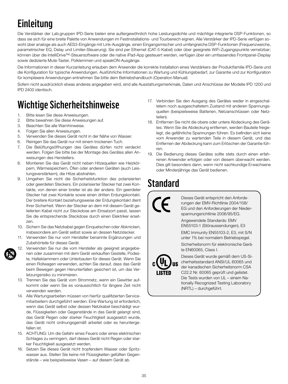 Einleitung, Wichtige sicherheitshinweise, Standard | Lab.gruppen IPD 2400 User Manual | Page 35 / 52