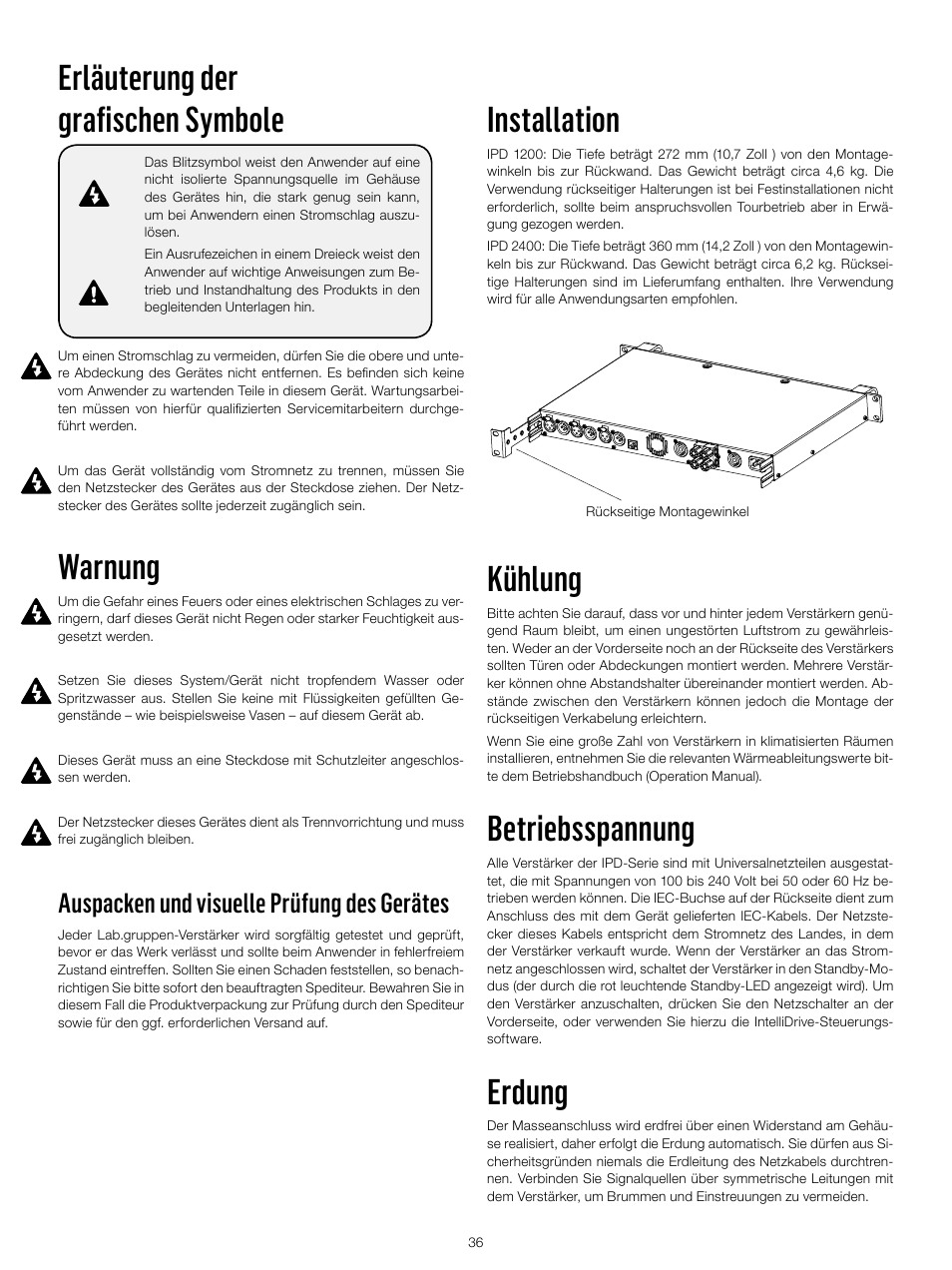 Erläuterung der grafischen symbole, Warnung, Installation | Kühlung, Betriebsspannung, Erdung, Auspacken und visuelle prüfung des gerätes | Lab.gruppen IPD 2400 User Manual | Page 36 / 52