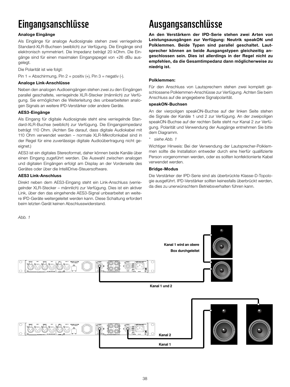 Eingangsanschlüsse, Ausgangsanschlüsse | Lab.gruppen IPD 2400 User Manual | Page 38 / 52