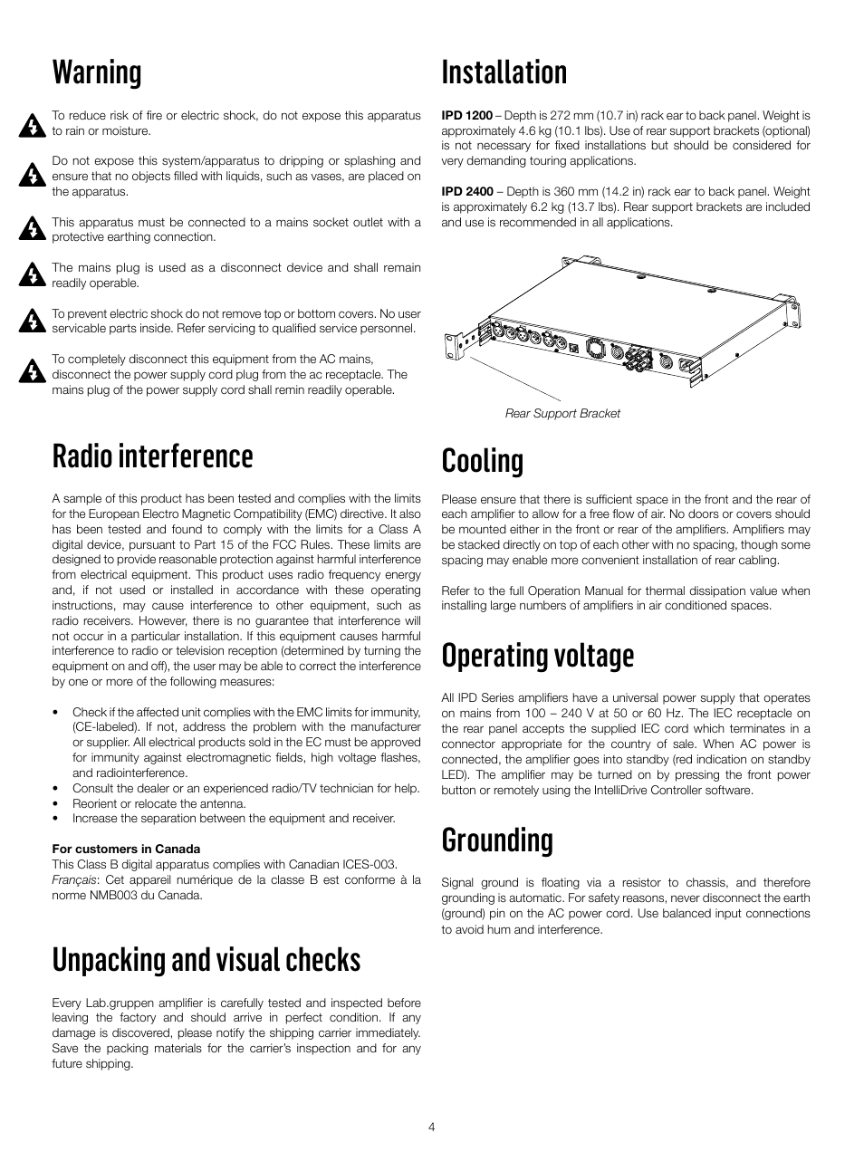 Warning, Radio interference, Unpacking and visual checks | Installation, Cooling, Operating voltage, Grounding | Lab.gruppen IPD 2400 User Manual | Page 4 / 52