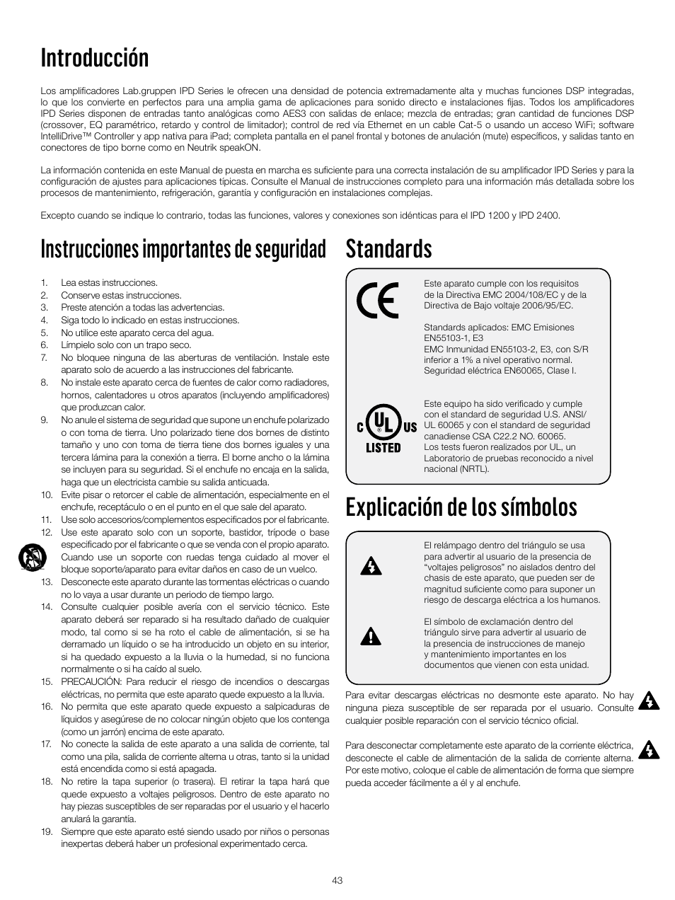 Introducción, Instrucciones importantes de seguridad, Standards | Explicación de los símbolos | Lab.gruppen IPD 2400 User Manual | Page 43 / 52