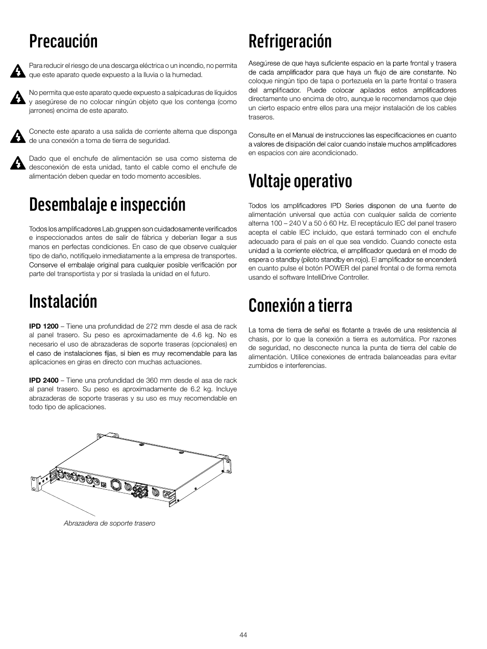 Precaución, Desembalaje e inspección, Instalación | Refrigeración, Voltaje operativo, Conexión a tierra | Lab.gruppen IPD 2400 User Manual | Page 44 / 52