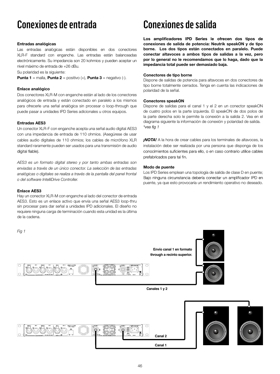 Conexiones de entrada, Conexiones de salida | Lab.gruppen IPD 2400 User Manual | Page 46 / 52