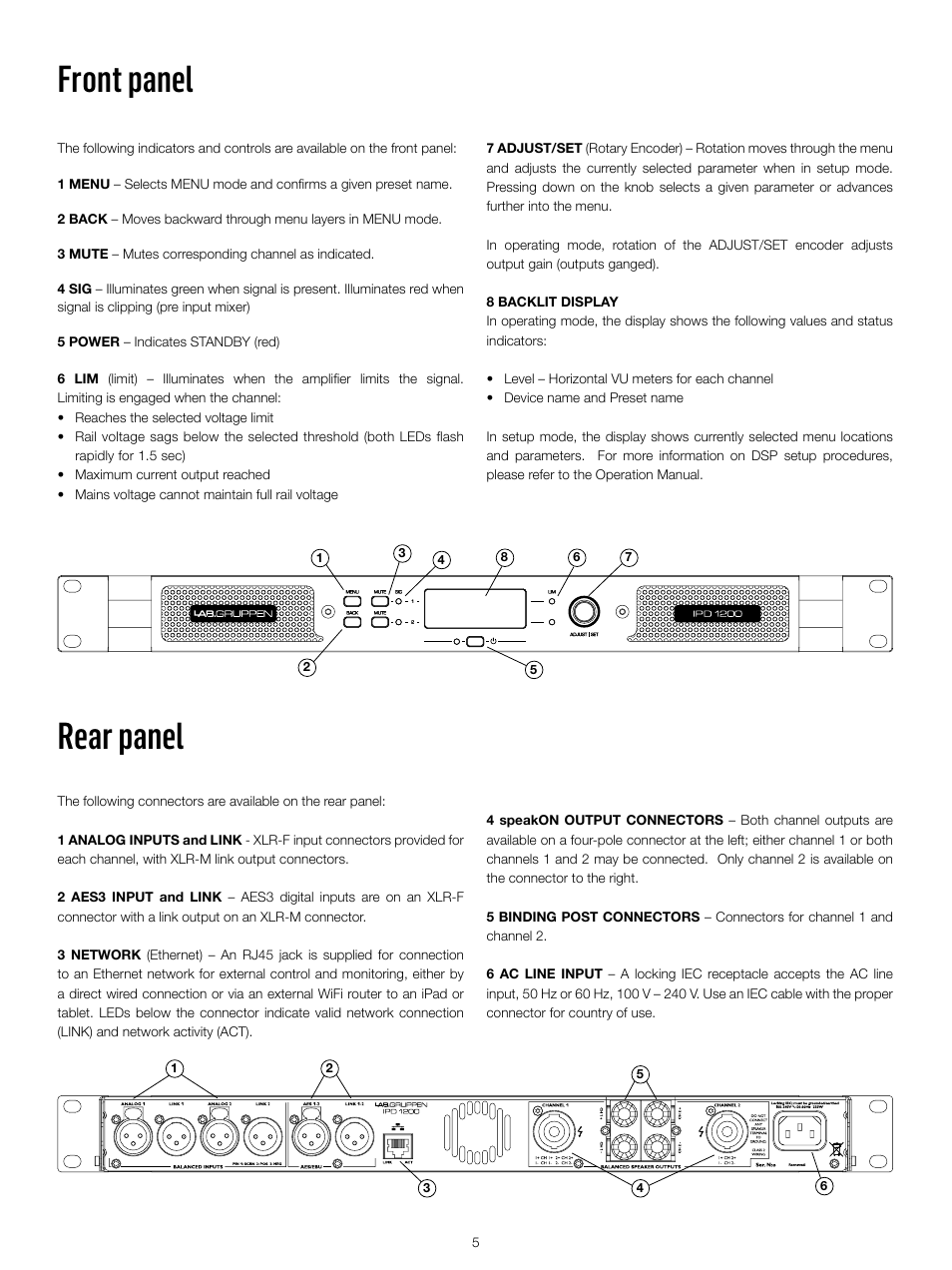 Front panel, Rear panel | Lab.gruppen IPD 2400 User Manual | Page 5 / 52