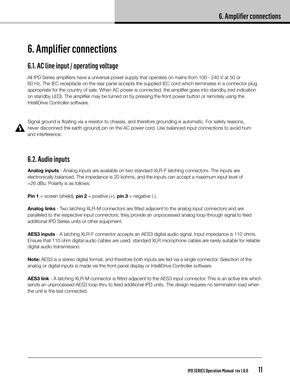 Amplifier connections, Ac line input / operating voltage, Audio inputs | Lab.gruppen IPD 2400 User Manual | Page 11 / 36