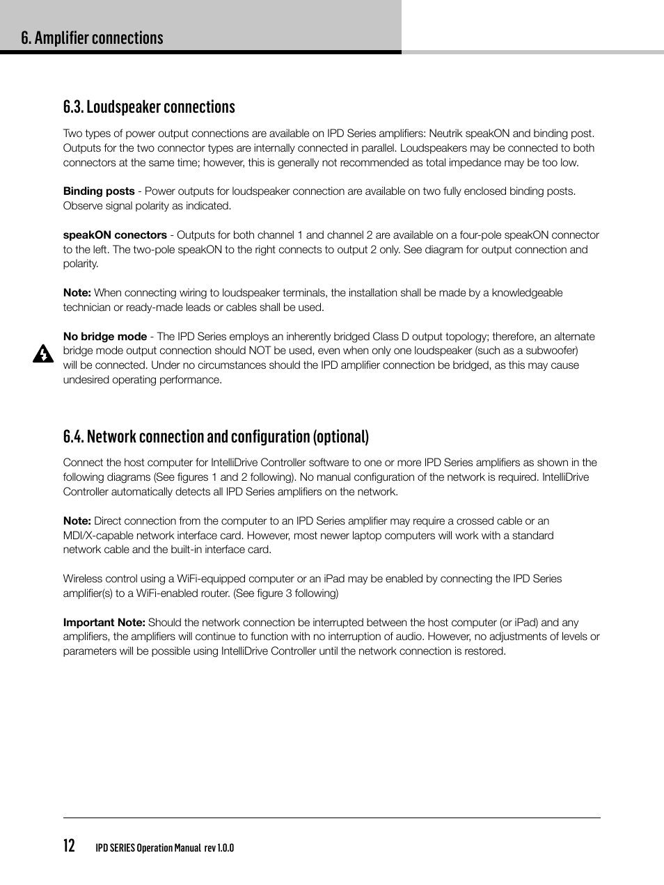 Amplifier connections 12, Loudspeaker connections, Network connection and configuration (optional) | Lab.gruppen IPD 2400 User Manual | Page 12 / 36