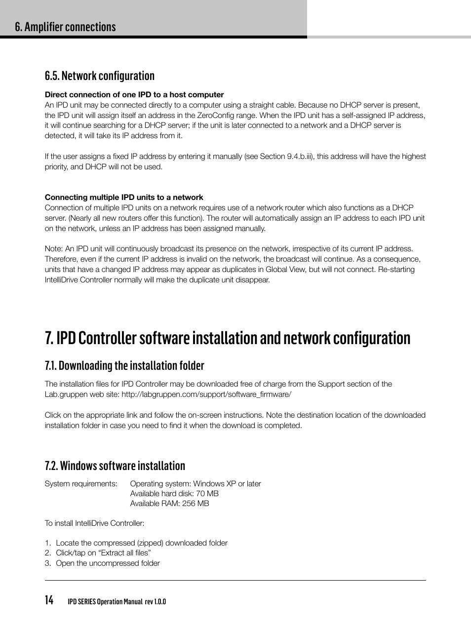 Network configuration, Downloading the installation folder, Windows software installation | Amplifier connections | Lab.gruppen IPD 2400 User Manual | Page 14 / 36