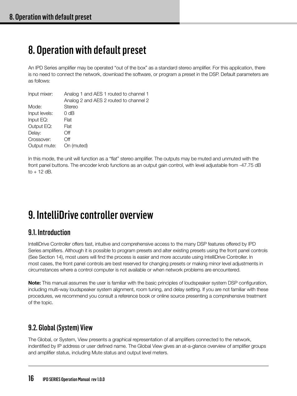 Operation with default preset, Intellidrive controller overview, Operation with default preset 16 | Introduction, Global (system) view | Lab.gruppen IPD 2400 User Manual | Page 16 / 36