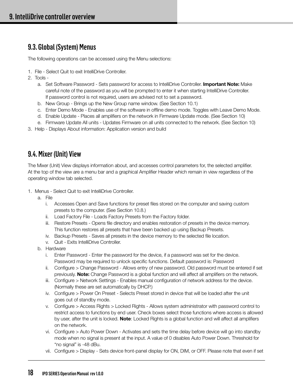 Intellidrive controller overview 18, Global (system) menus, Mixer (unit) view | Lab.gruppen IPD 2400 User Manual | Page 18 / 36