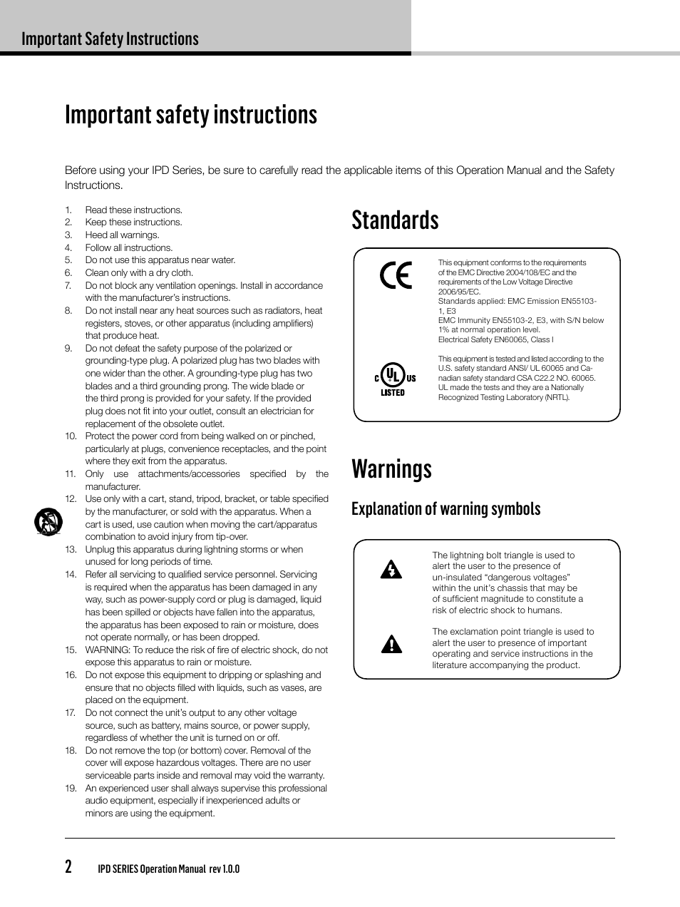 Important safety instructions, Standards warnings, Explanation of warning symbols | Lab.gruppen IPD 2400 User Manual | Page 2 / 36