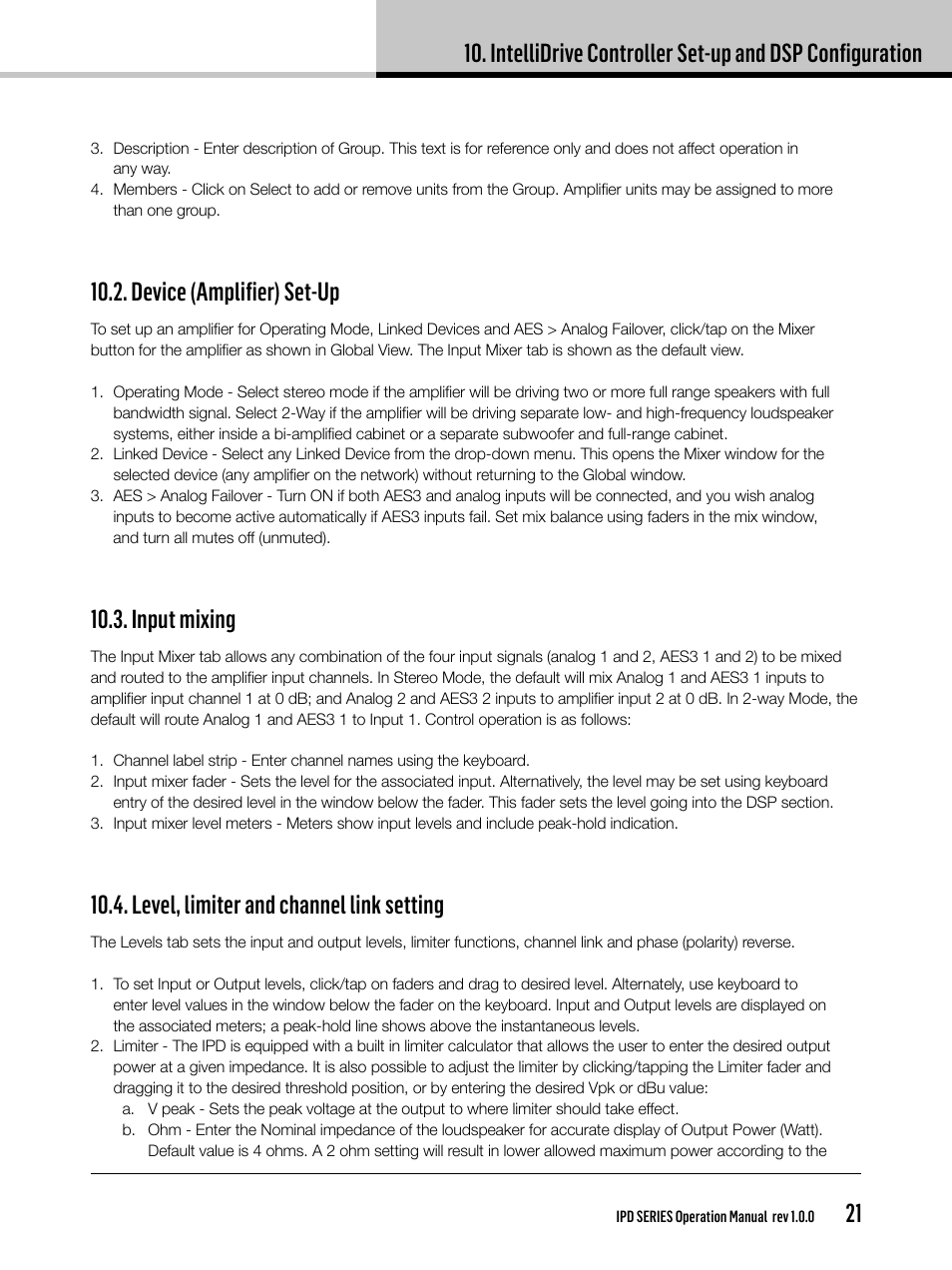 Device (amplifier) set-up, Input mixing, Level, limiter and channel link setting | Lab.gruppen IPD 2400 User Manual | Page 21 / 36