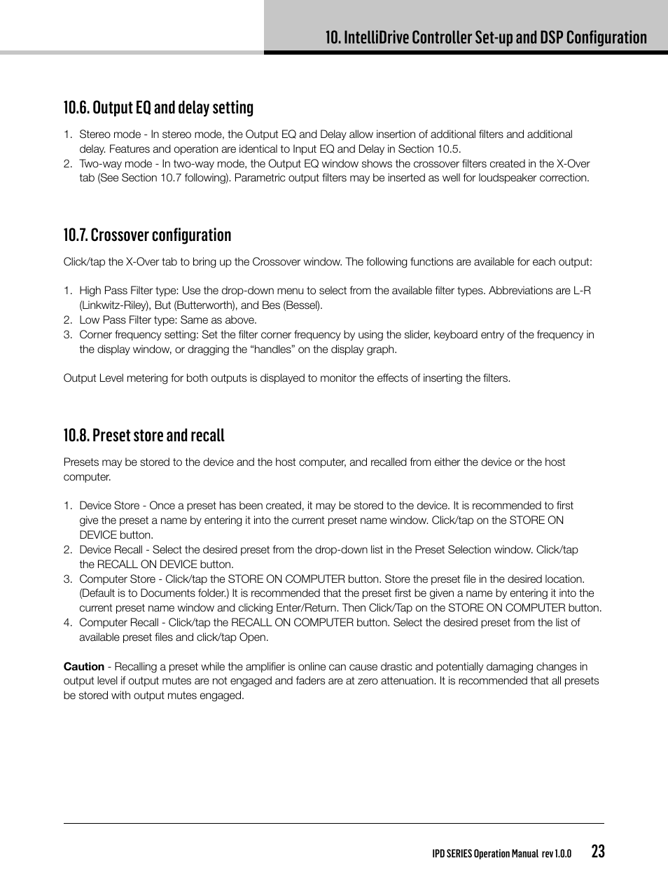 Crossover configuration, Preset store and recall | Lab.gruppen IPD 2400 User Manual | Page 23 / 36