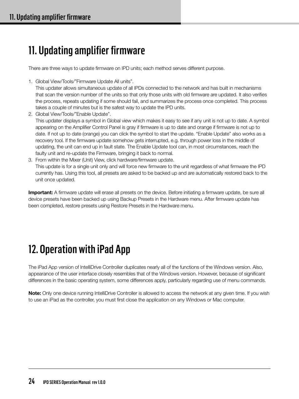 Updating amplifier firmware, Operation with ipad app | Lab.gruppen IPD 2400 User Manual | Page 24 / 36