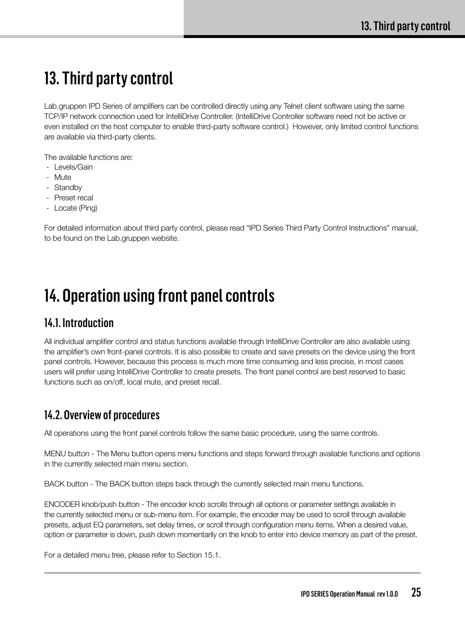 Operation using front panel controls, Third party control, Introduction | Overview of procedures | Lab.gruppen IPD 2400 User Manual | Page 25 / 36