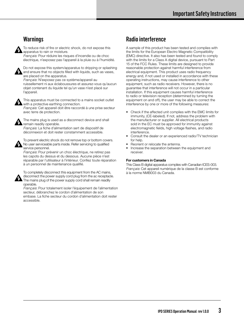 Warnings, Radio interference, Important safety instructions | Lab.gruppen IPD 2400 User Manual | Page 3 / 36