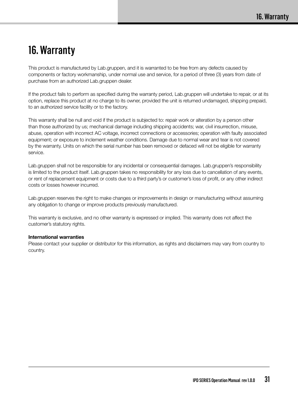 Warranty | Lab.gruppen IPD 2400 User Manual | Page 31 / 36