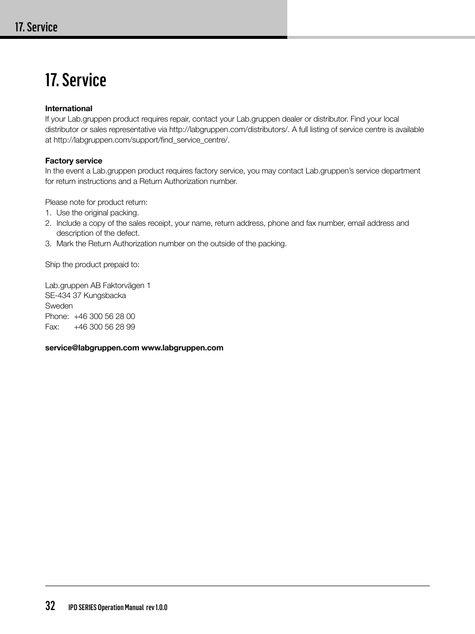 Service, Service 32 | Lab.gruppen IPD 2400 User Manual | Page 32 / 36
