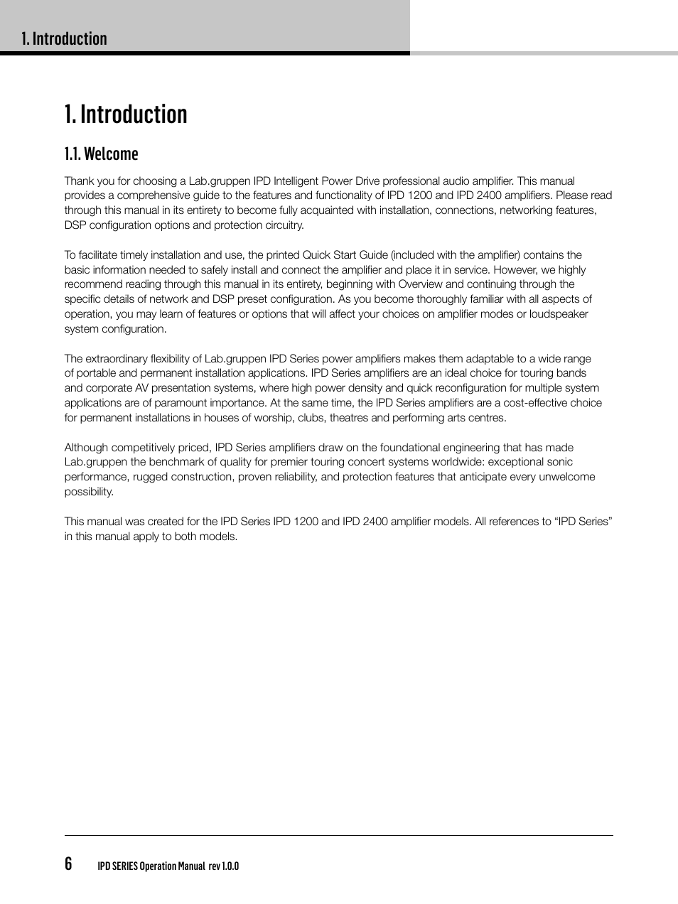 Introduction, Introduction 6, Welcome | Lab.gruppen IPD 2400 User Manual | Page 6 / 36